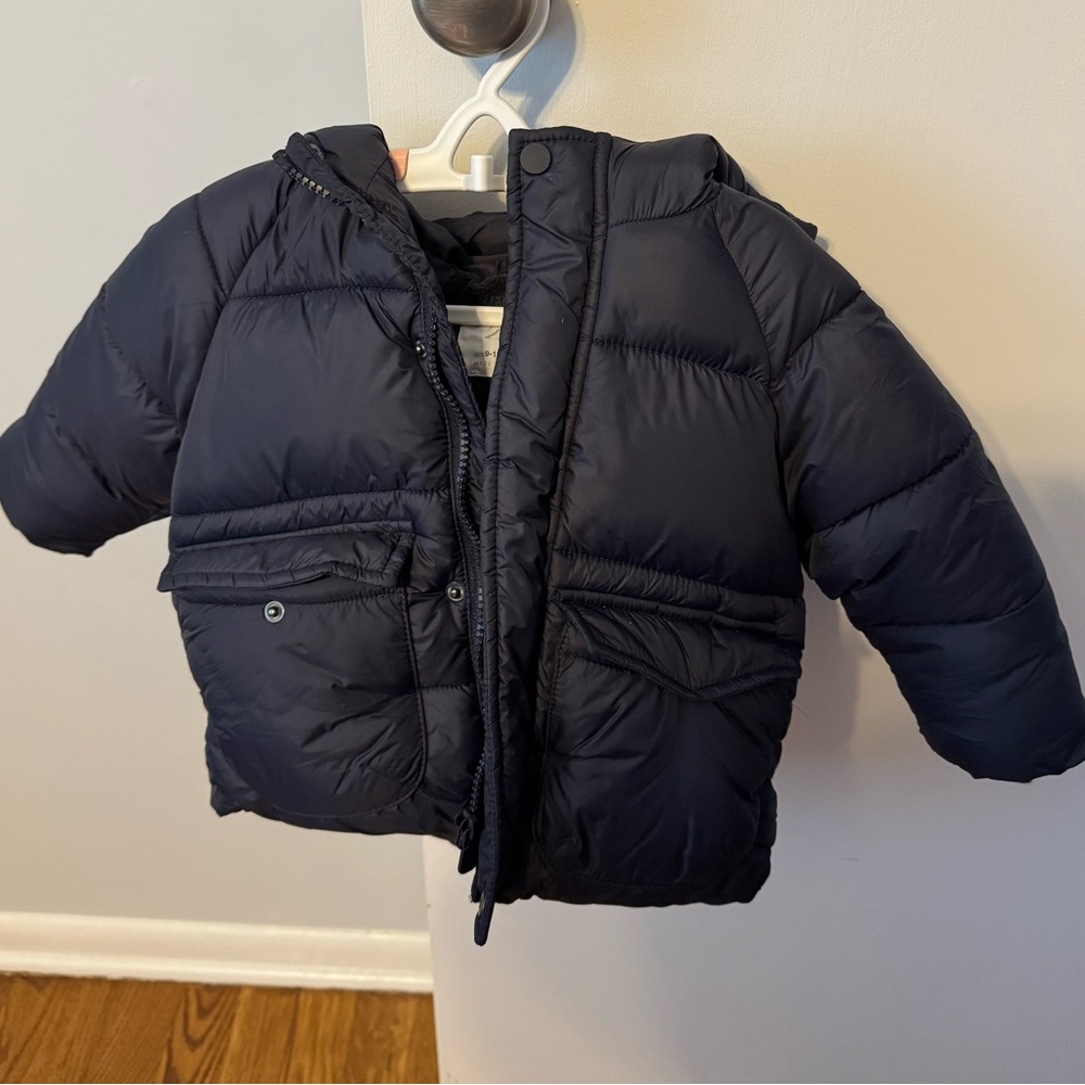Zara Baby Zip Front Hooded Puffer Coat Jacket Black 9-12 Months EUC